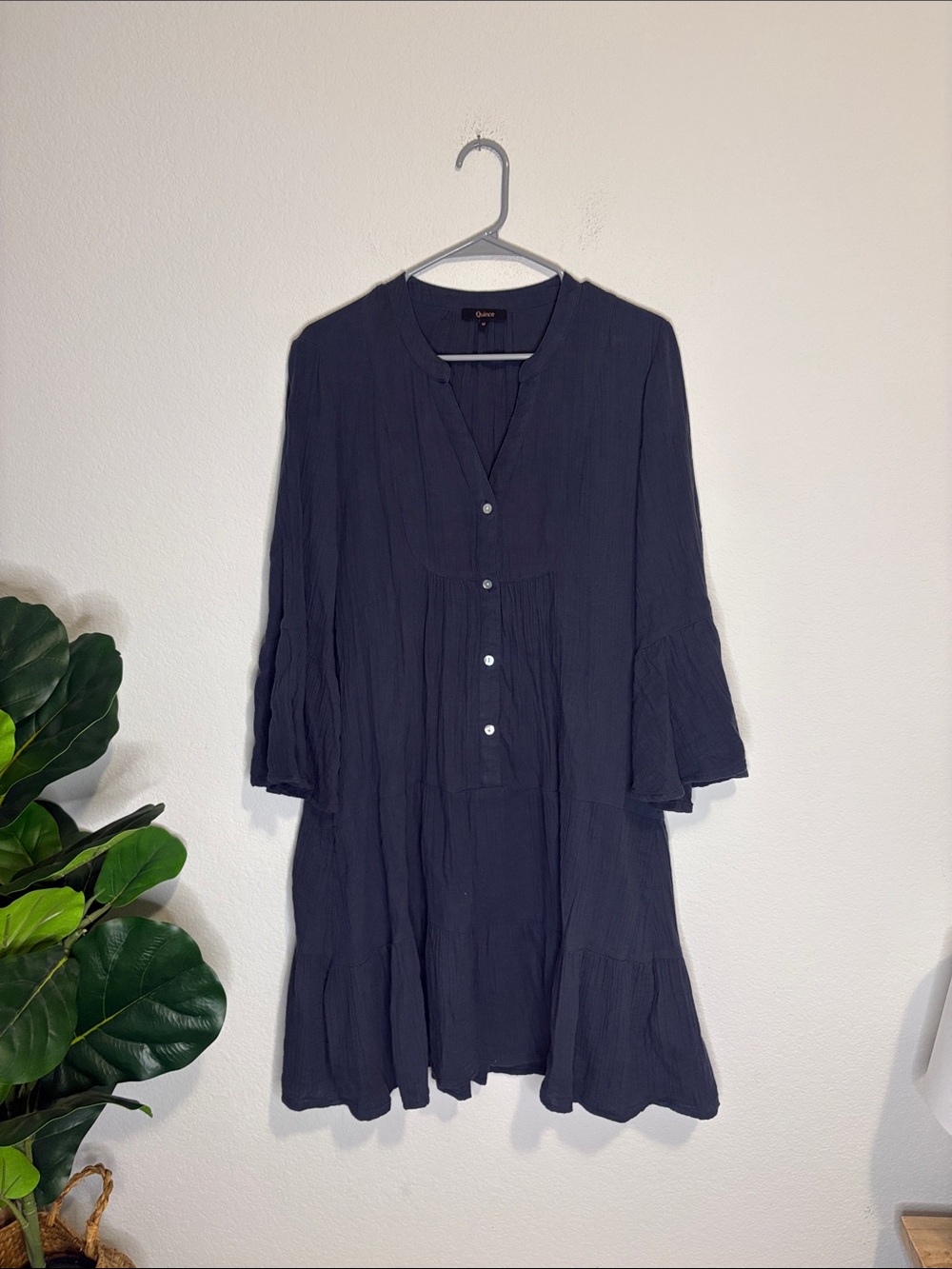 Quince Organic Cotton Gauze Tiered Mini Dress Indigo Blue M